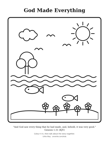 A black-and-white outline of a sun, sea, fish, birds, a tree and flowers.