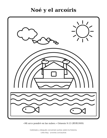Un dibujo en blanco y negro de un barco en el mar bajo un arcoíris, con un sol y una paloma.