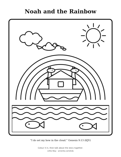 A black-and-white outline of a boat on the sea under a rainbow, with a sun and a dove.