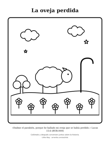Un dibujo en blanco y negro de una oveja en una colina con flores y el bastón del pastor.