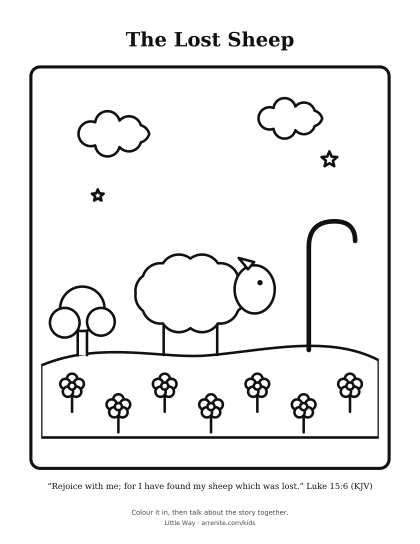 A black-and-white outline of a sheep on a hill with flowers and a shepherd’s crook.