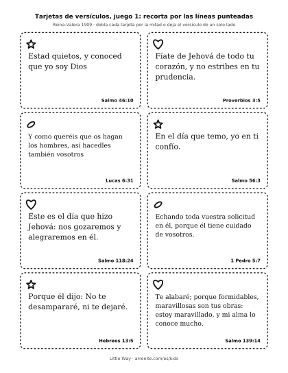 Una hoja con ocho tarjetas para recortar, cada una con un versículo corto y una pequeña estrella, corazón u hoja.