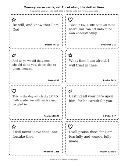 A page of eight cut-out cards, each with a short Bible verse and a small star, heart or leaf.